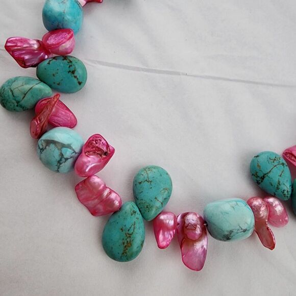 Hand Made Artisan Genuine Turquoise Blue Stone  Pink Baroque Pearls 18" NECKLACE - Picture 7 of 10
